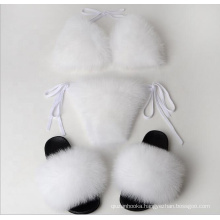 Women Real Fox Fur Open Toe Slipper Fur Slides and Sexy Split Fox Fur Bikini